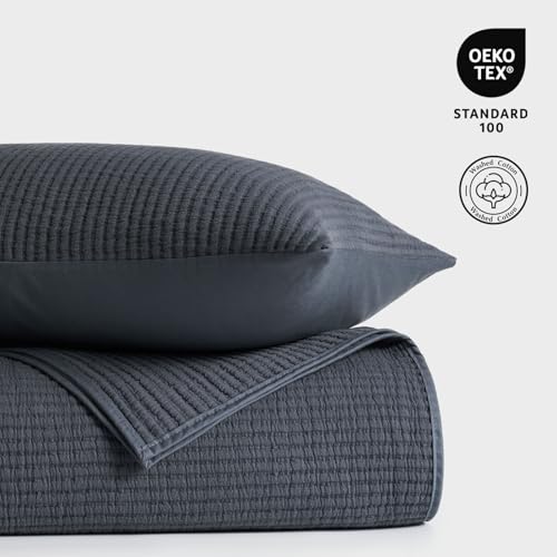 Image of EVERGRACEHOME Cotton Coverlet Set Full Queen Size 3 Pieces, Lightweight Soft Ribbed Matelasse Bedspread Quilt Set, Cozy Oversized Quilted Bedding Set with 2 Pillow Shams for All Seasons, Midnight Blue