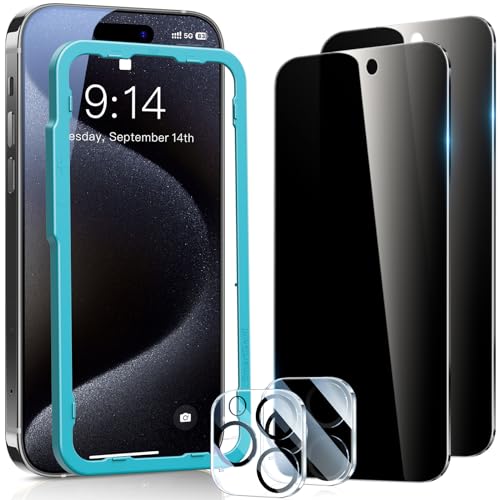 SMARTDEVIL 2Pack Privacy Screen Protector for iPhone 15 Pro with 2 Pack Camera Lens Protector, 9H Anti-Spy Privacy Tempered Glass, Anti-Shatter, Bubble Free Easy Install