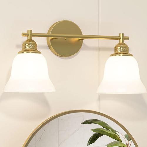 Image of Bathroom Light Fixture, 2-Light Vanity Wall Sconce with Glass Shades, Gold Finish, Light Fixtures Over Mirror for Bathroom, Bedroom, Living Room, Hallway, 18inch