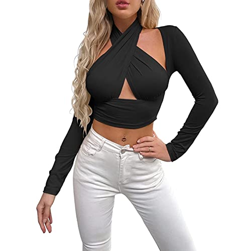 FINENDSUNNY Damen Criss Cross Neckholder Tops Elegante Dame Einfarbig Langarm Leibchen Mode Slim Fit Crop Top Bluse (Schwarz, Small) Cover
