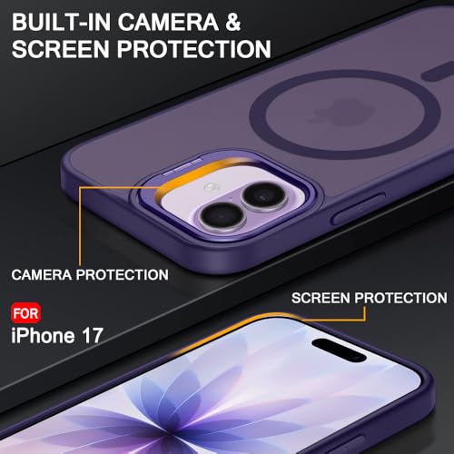 Image of TheGiftKart Hybrid Matte Frosted Back Cover Case for iPhone 17 Compatible with MagSafe | Built-in Stand | Shockproof Hard Back Cover Case for iPhone 17 (PC & TPU, Translucent Purple)
