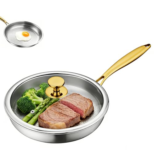 Image of Evolkult Titanium Hammered Pan Pro, Titanium Frying Pan, Hammered Texture Nonstick Skillet, Coating-Free Titanium Cookware with Golden Handle, All Cooktops,With lid,11.81in