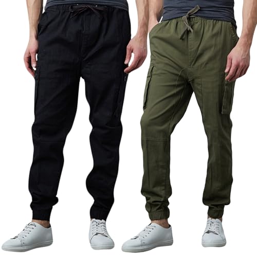 Men's Cotton Twill Cargo Joggers, Multi Pocket, Drawstring Joggers Stretch Pant for Casual, Lounging and Outdoor, 2 Pack