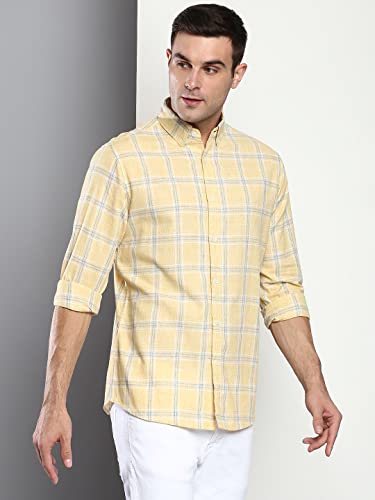 Image of Dennis Lingo Men's Checkered Slim Fit Cotton Linen Casual Shirt with Button-Down Collar & Full Sleeves