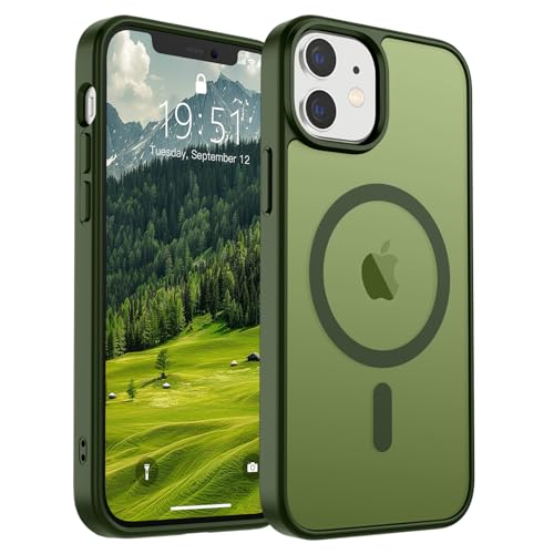 Image of SUPFINE Magnetic for iPhone 12 Mini Case & iPhone 13 Mini Case (Compatible with MagSafe) (Military Grade Drop Protection) Slim Translucent Matte Shockproof Phone Cover,Cangling Green