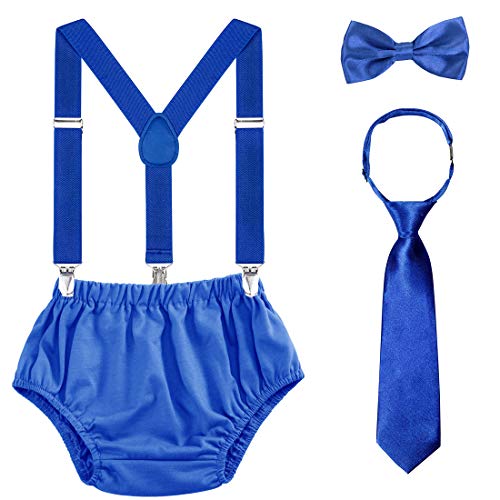 Baby Boys 1st/2nd Birthday Cake Smash Outfit Set Adjustable Suspenders Ties Bloomers for Birthday Photography (Royal Blue-All)