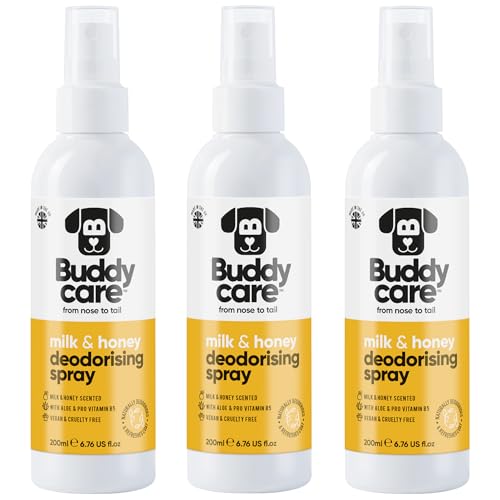 Buddycare Hunde-Deospray – Deodorierendes Spray für Hunde – mit Aloe Vera und Pro-Vitamin B5 (Milch & Honig, 200 ml x3)