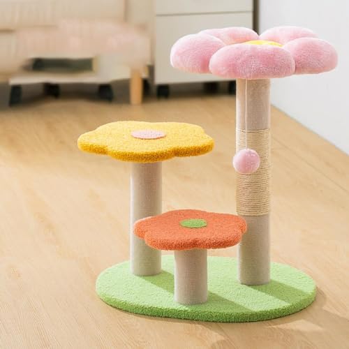 SIzlaho キャットタワー ミニ 据え置き型 花 可愛い猫タワー ふわふわ 猫ベッド 猫 爪とぎ 高い安定性 多頭飼い キャットツリー 麻紐 ポンポンボール おもちゃ 運動不足解消 省スペース (ピンク)