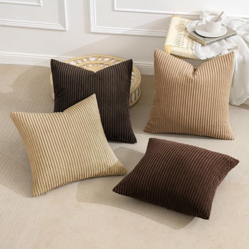 Image of MIULEE Boho Farmhouse Throw Pillow Covers 18x18 Inch Set of 4 Rustic Mordern Neutral Cushion Covers Soft Corduroy Nordic Fall Home Decor for Couch Bed Sofa Living Room Dark Brown