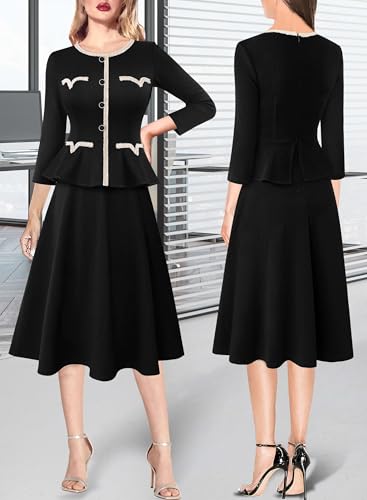VFSHOW Womens 2024 Fall Work Business Dresses Buttons Peplum Office Slimming Crew Neck Patchwork A-Line Fit and Flare Dress2
