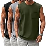 Huukeay 3 Pack Cotton Men's Big and Tall Sleeveless Tank Tops Muscle Shirts Gym Workout Casual Tees with Pocket(Black, Gray, Army Green,Large)