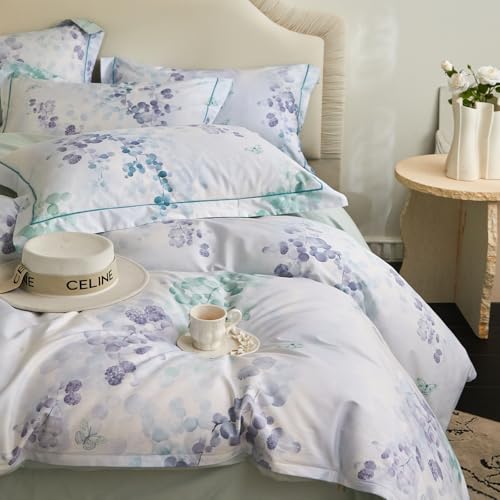 VM VOUGEMARKET Purple Green Duvet Cover Set King,3 Pieces Leaves Plants Duvet Cover with 2 Pillow Shams 100% Cotton Down Comforter Quilt Cover with Zipper