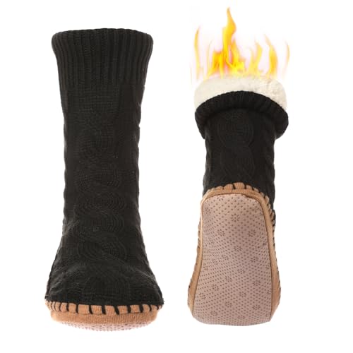 Slipper Socks for Women Grippers, Black Thick Lined Knit Slipper Sock With Sole Non Skid Bottom, Indoor House Fuzzy Slipper Sock for Hospital Floor, Christmas Slipper Socks for Family, Large Size 9-11