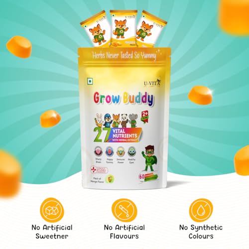 Image of U-VITA Grow Buddy Multivitamin Gummies for Kids (2+ Years) | No Added Sugar | 27 Essential Vitamins, Minerals & Pure herbal extracts | Made in India and Formulated in the UK | 60 Gummies, Mango)