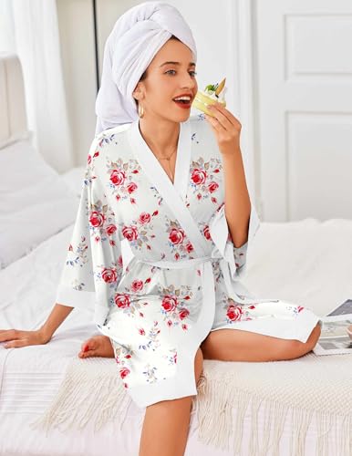 Image of Ekouaer Robes for Women Knee Length Bathrobe Lightweight Kimono Robe 3 /4 Sleeve Knit Sleepwear with Pockets