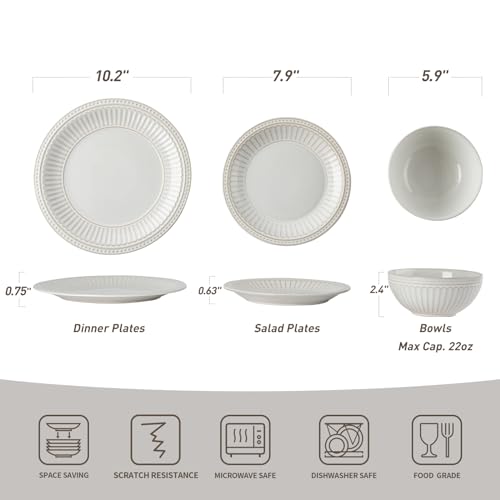 Image of Famiware Garden 18-Piece Embossed Plates and Bowls Sets, Stoneware Reactive Glaze Dishes Dinnerware Set, Modern Rustic, Chip & Scratch Resistant, Microwave & Dishwasher Safe, Service for 6, White