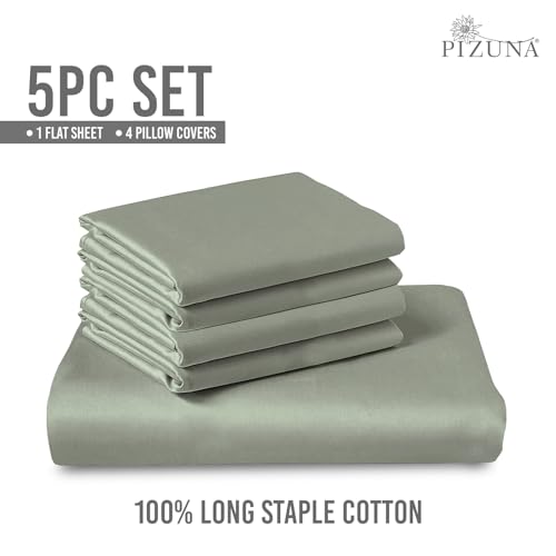 Image of Pizuna 100% Cotton Bedsheet Super King Size Sea Foam, 600 Thread Count Long Staple Combed Cotton Flat Bedsheets 108x108 Inches with 4 Pillow Covers, Bed Sheet for Super King Size Bed
