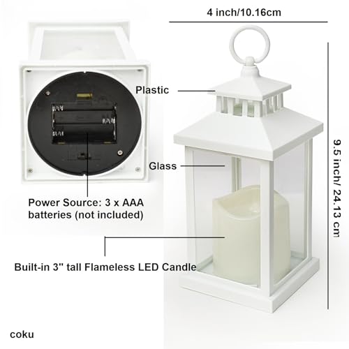 Image of Coku LT-22 Vintage LED Candle Lantern with LED Pillar Candle, Battery Operated Wall Hanging Lamp Decorative Lantern, Flameless Antique Glass Candle Holder for Home Decor, Diwali (White, Pack 1)