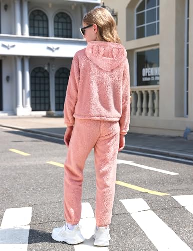 Image of Shallmu Girls Fuzzy Bear Ear Plaid Hoodie Pullover Sweatshirt with Pocket Sweatpants Fall Winter 2 Piece Outfits