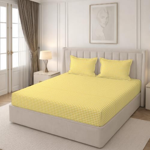 Image of MORADO Glace Cotton Flat Bedsheet for Double Bed with Zipper Pillow Covers, Soft Breathable Comfortable Bedding Sheet, Wrinkle Resistant Bed Cover for Bedroom Home Use 90x100 Inches,Yellow Check
