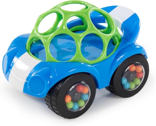 Bright Starts Oball Easy Grasp Rattle &amp; Roll Toy Sports Car BPA-Free Infant Crawling Toy, Age 3 Months and up, Blue/Green (Pack of 6)
