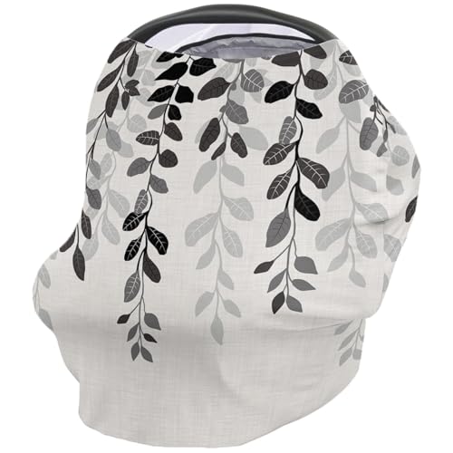 Nursing Cover for Breastfeeding Scarf, Grey Silhouette Black Leaves Gradient Baby Car Covers Super Soft Multi Use for Canopy Shopping Cart Cover Blanket Stroller Cover