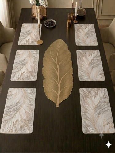 Image of Dakshya Industries PVC Waterproof Table Placemat & Table Runner Combo Set | 6 Dining Table Mats + 1 Runner | Heat Resistant, Washable, Non-Slip Table Mat Set (Classic Table)