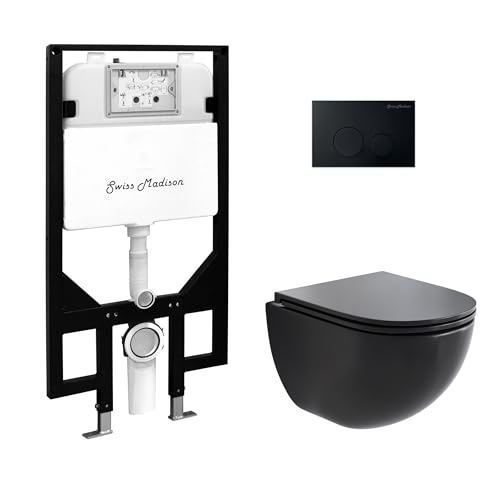 Swiss Madison St. Tropez Wall-Hung Toilet Bundle 0.8/1.6 GPF Dual Flush in Matte Black with Black Flush Plate