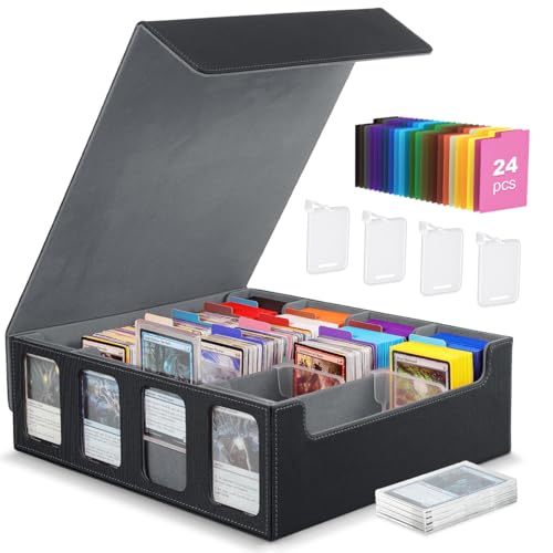 MoKo Card Storage Box for Trading Cards, 3000+ MTG Deck Box with 24 Colorful Dividers & 4 Card Supporters, Commander Card Deck Case with Display Window, Fits for Magic Game Cards, YugiOh, Black Grey