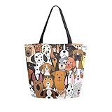 ALAZA Large Canvas Tote Bag Cute Doodle Dog Print Animal Shopping Shoulder Handbag with Small Zippered Pocket