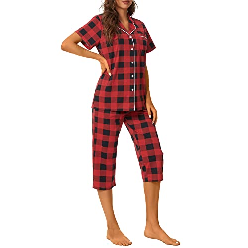 Image of Tugege Capri Pajamas Set Womens Button Down Short Sleeve Lounge Sets Sleepwear Notch Collar Top & Capri 2 Piece PJ Sets