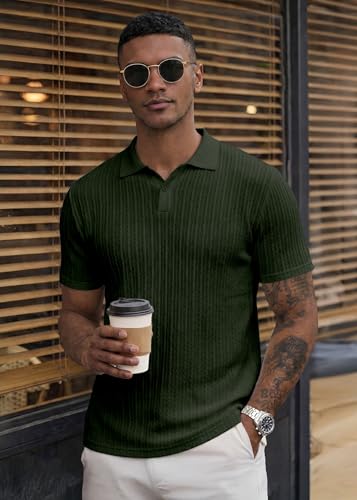 Image of JMIERR Mens Casual Polo Shirt Summer Short Sleeve Vacation Button Beach Knit Stretchy Golf Shirts