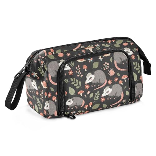 Image of Opossum Mushroom Black Print Pencil Case Pouch Big Capacity Pencil Bag Box Organizer Pen Case with Compartmens Stationery Organizer for Girls Boys Women School College Office