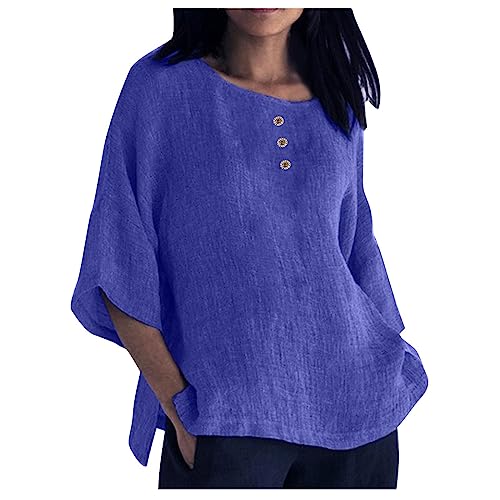 Generic Best Cyber of Monday Deals Cotton Linen Tops for Women Shirts Loose Fit Boho Top Solid Color Tunic 2024 Summer Casual Elbow Sleeve Side Slit Blouses, 3X-Large, #1blue
