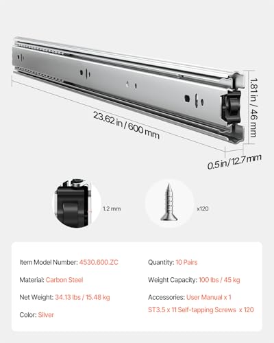 VEVOR Drawer Slides, 24 inch, 10 Pairs Full Extension Ball Bearing Cabinet Rails, 100 LB Load Capacity Heavy Duty Side Mount Dresser Drawer Slides, Drawer Track Runners for Kitchen DIY Replacement - Image 8