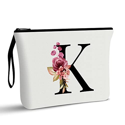 Image of Vavabox A-Z Personalized Makeup Bag, Birthday Gifts for Women Mom, Gifts for Best Friend, Bride Bridesmaid Cosmetic bag (K, 01-White)
