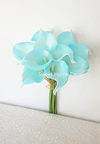Sweet Home Deco Latex Real Touch 15" Artificial Calla Lily 10 Stems Flower Bouquet for Home/ Wedding (Teal)