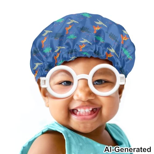 Image of Cute Dinosaur Blue Print Kids Satin Sleep Cap, Boys Girls Slouchy Sleeping Hat Beanie Slap Hat for Toddler Children Baby Adjustable Elastic Band Hair Cover Curly Hair Cap