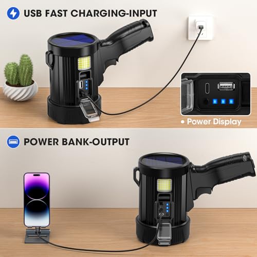 Kmivo Rechargeable Spotlight, 99,000 Lumens Super Bright Handheld Led Flashlight, Outdoor Spot Light with Cob Light and Solar Panelsfor Boating Camping
