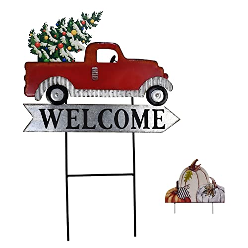 Metal Red Pickup Truck Welcome Sign with Pumpkin Christmas Tree