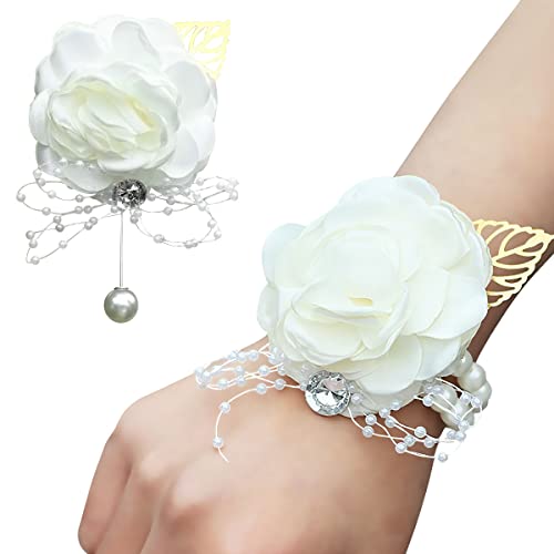 MAMUNU Lot de 2 bracelets de boutonnière en forme de rose, avec strass et perles, bracelet de fleur en ruban, ensemble de corsage en soie pour mariage, bal, demoiselle d'honneur (blanc) Cover