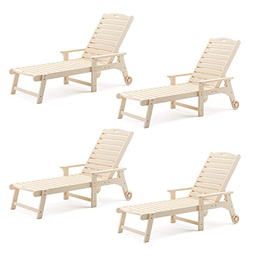Lue Bona Outdoor Chaise Lounge Chairs Set Of 4, Poly Material, 3-Year Warranty, Patio Lounge Chair With Adjustable Backrest, Resin Pool Lounge Chairs With Wheels For Outside, Poolside, Beach, Sand #TOP16