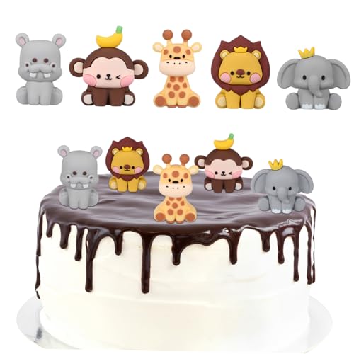 Mobestech 5 Piezas Decoración de Tartas de Animales Adornos de Pastel con Mono y Hipopótamo para Cumpleaños Infantil y Shower