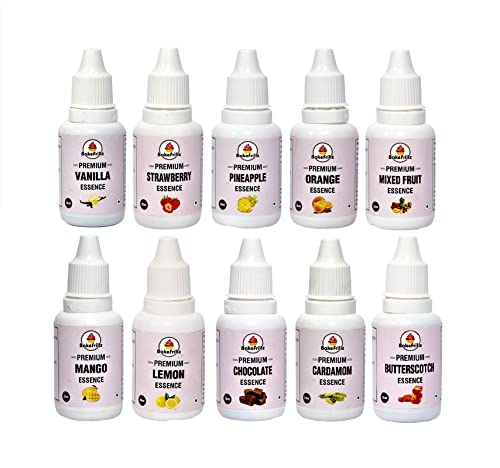 Bakefrillz Food Flavour Essence (20 ml x 10) | Vanilla, Butterscotch, Strawberry, Pineapple, Orange, Mango, Lemon, Chocolate, Mix Fruit & Cardamom | Ideal for Cakes, Ice Creams, Puddings & Desserts