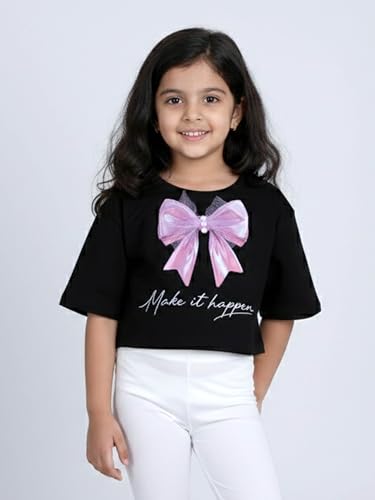Image of KiddoPanti Girls 100% Cotton Solid Drop Shoulder Half Sleeve Round Neck Crop Tee