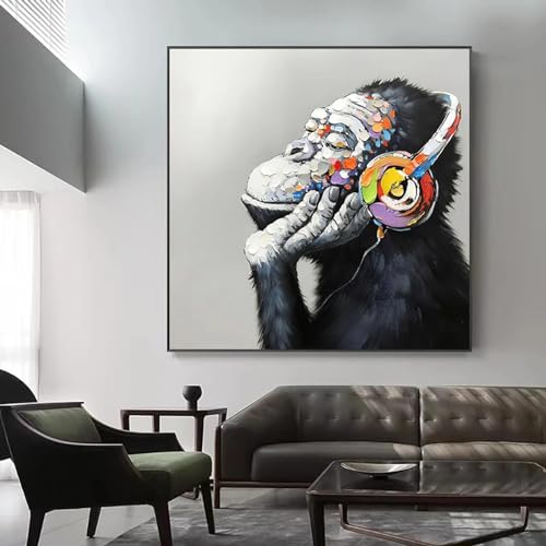 Affiche d'orang-outan drôle avec écouteurs sur toile 40x40 cm