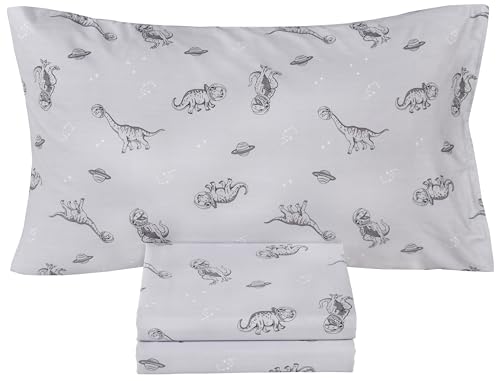 Image of Scientific Sleep Gray Dinosaur Space Walk Universe Travel 100% Cotton 3 Pcs Twin Bed Sheet Set Kids Toddler Teen, Flat Sheet & Fitted Sheet & Pillowcase Kids Bedding Set Twin