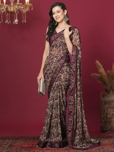 Image of Satrani Women's Weight Georgette Floral Printed Saree with Unstitched Blouse Piece