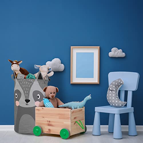 Relaxdays Aufbewahrungskorb für Kinder, Waschbär-Motiv, faltbar, H x D: 55 x 33 cm, Spielzeugkorb mit Henkeln, grau