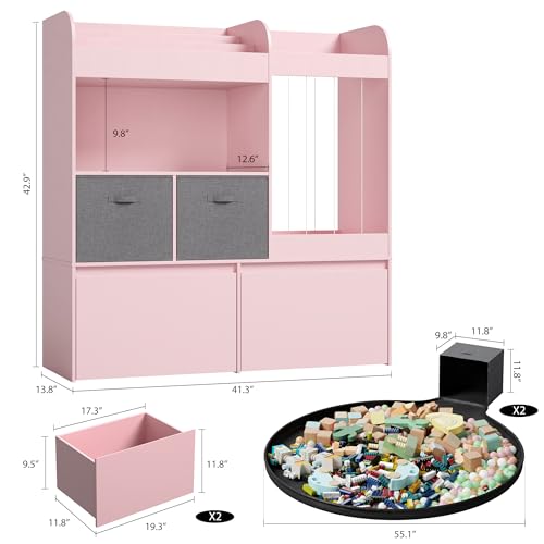 Image of 42.9'' Stuffed Animal Storage with Kids Bookshelf, Large Toy Storage with Toy Chest and Play Mat, Wooden Organization with 2 Movable Drawers, 3 Tier Bookshelf for Nursery Kids Room Playroom,Pink